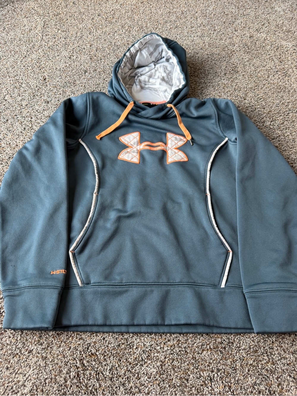 Under Armour Storm Caliber Hoodie Mens M Slate Blue Orange Quilted Logo Loose